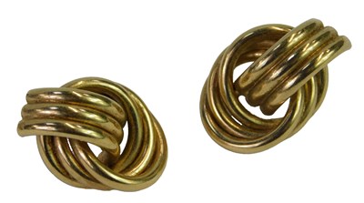 Lot 467 - A pair of 9ct gold knot stud earrings, 5g,...