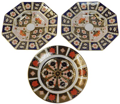 Lot 185 - Three Royal Crown Derby Imari pattern plates,...