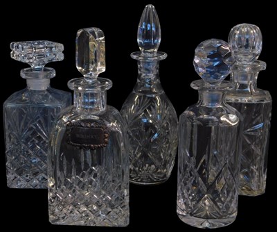 Lot 186 - Five glass decanters, each of differing form,...