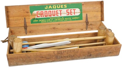 Lot 624 - A Jaques croquet set, pine boxed, bears label.