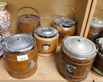 Lot 2030 - Five oak biscuit barrels, some with metal mounts.