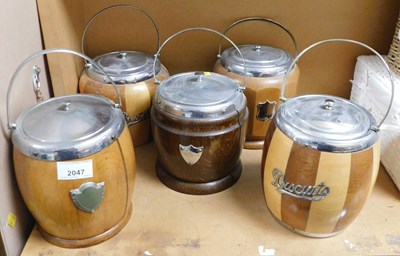 Lot 2047 - Five oak biscuit barrels, each with metal mounts.