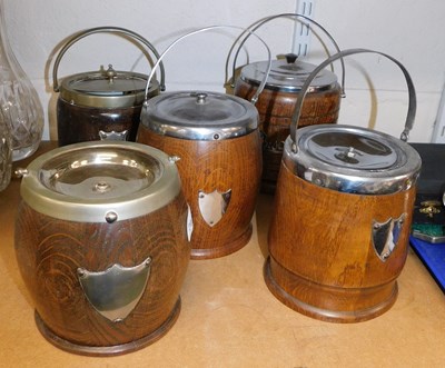 Lot 2109 - Five oak biscuit barrels, each with metal mounts.
