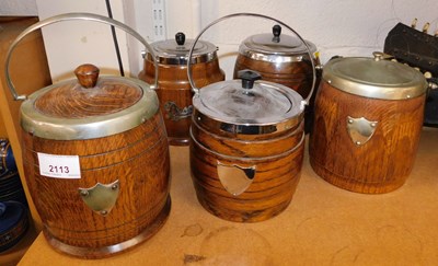 Lot 2113 - Five oak biscuit barrels, each with metal mounts.