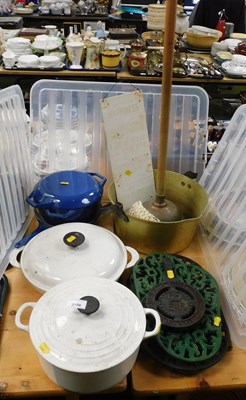 Lot 2150 - A Le Crueset white cast iron twin handled...