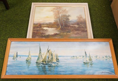 Lot 2207 - 20thC School. Wooded landscape with pond, oil...