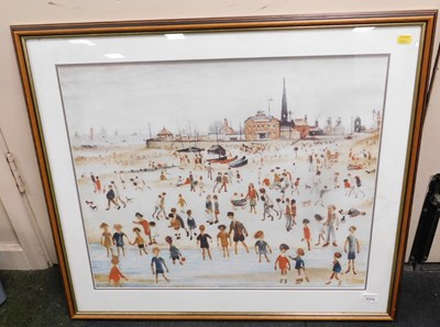 Lot 2228 - After LS Lowry, beach scene, print, 48cm high,...