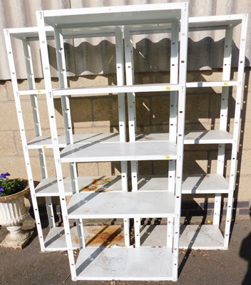 Lot 1011 - Three white painted metal shelving...