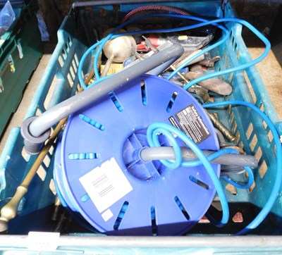 Lot 1066 - Various hand tools, spanners, saws, foot pump,...