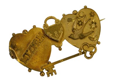 Lot 487 - A Mizpah double heart sweetheart brooch,...