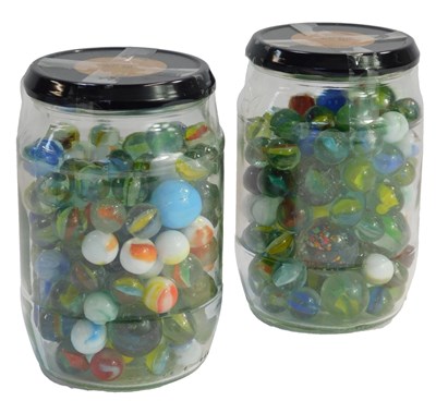 Lot 649 - A group of 20thC marbles, contained in two jars.