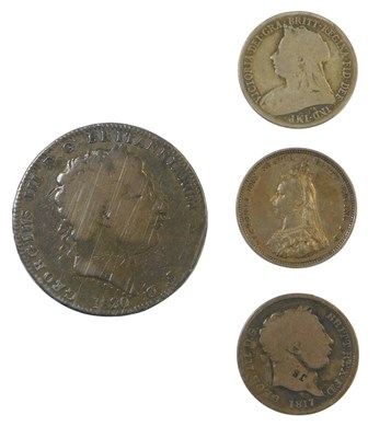 Lot 666 - A George III 1820 crown, together with Queen...