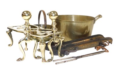 Lot 153A - A brass jam pan, 30cm wide, further pan, pair...