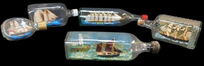 Lot 688 - Five ships in glass bottles, the largest 30cm...