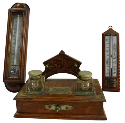 Lot 765 - A late 19thC oak and silver plated ink stand,...