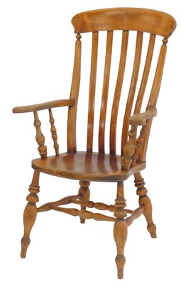 Lot 844 - A 19thC elm grandfather chair, with a lath...