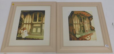 Lot 2228 - CMR Dunn. Gypsy caravan and girl, oil on board,...