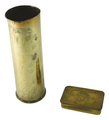 Lot 188 - A British WWI dated 18 Pdr brass trench art...