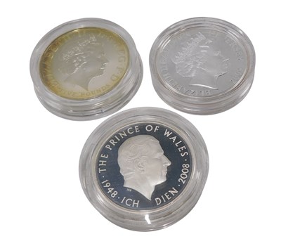 Lot 508 - Three five pound silver Piedfort coins, to...