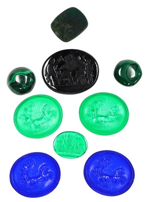 Lot 341 - Six glass intaglios and cameos, decorated with...