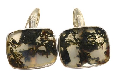 Lot 338 - A pair of moss agate cufflinks, of cushion...