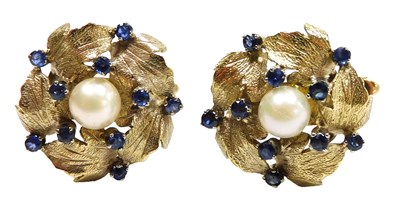 Lot 309 - A pair of cultured pearl and sapphire floral...