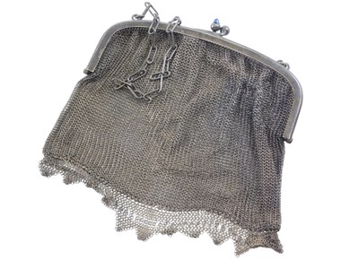 Lot 552 - A silver plated mesh purse, with blue cabochon...