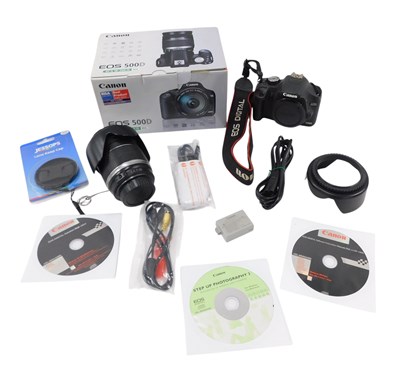 Lot 572 - A Canon EOS 500D camera, in original box, etc.