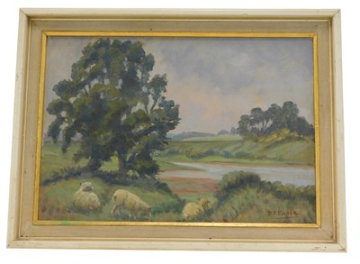 Lot 805 - DP Fisher. River landscape with sheep, oil on...