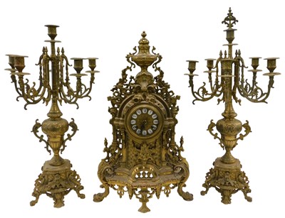 Lot 962 - A 20thC French brass clock garniture,...