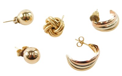Lot 598 - A pair of 9ct three colour gold earrings, pair...