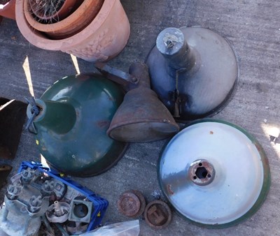 Lot 1227 - A group of enamelled industrial ceiling light...