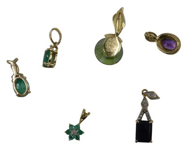Lot 674 - Six 9ct gold and gem set pendants, 7.2g.