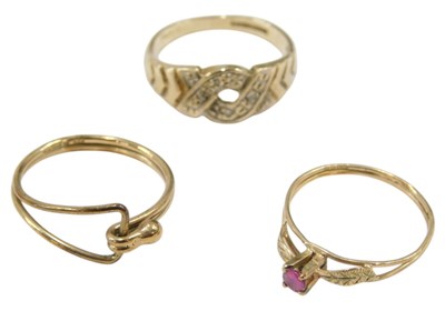 Lot 668 - A 9ct gold and diamond ring, size M, 9ct gold...