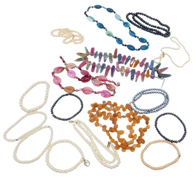 Lot 664 - Assorted quartz necklaces, cultured and...