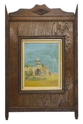 Lot 1207 - An early 20thC oak fire screen, inset with an...