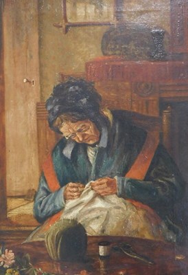 Lot 23 - 19thC British School. Old lady sewing, oil on...