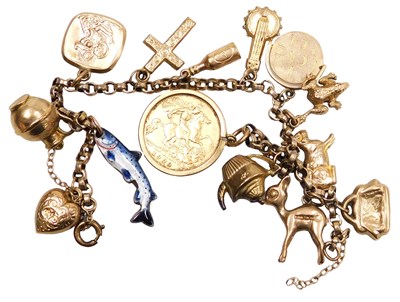 Lot 133 - A belcher link charm bracelet, on a bolt ring...