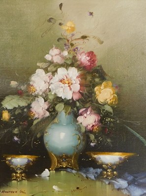 Lot 228 - R Hunther (20thC). Floral study with porcelain...