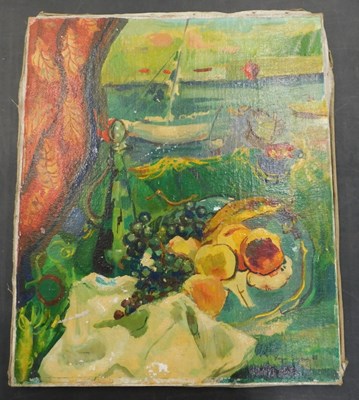 Lot 212 - Roger Soyaux (20thC). Fruit study over harbour,...