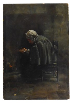 Lot 181 - 19thC School. Old lady by the fire, oil on...