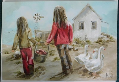 Lot 95 - MARIA. Children and geese, oil on canvas,...
