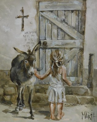 Lot 98 - MARIA. Child with donkey, oil on canvas,...