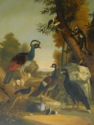 Lot 275 - M E (20thC). Exotic birds and monkey, oil on...