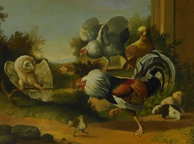 Lot 276 - M E (20thC).  Owl and cockerel, oil on panel,...