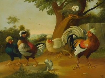 Lot 278 - M E (20thC).  Cockerels, oil on panel,...