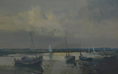 Lot 273 - Cox (20thC). Fishing boats in estuary scene,...