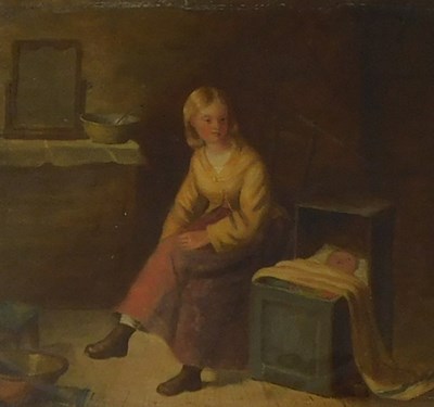 Lot 100 - 19thC British School. Young maid by the cot,...