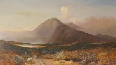 Lot 334 - 19thC. Sheep in mountain landscape, oil on...