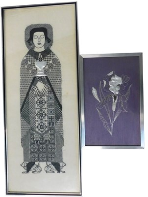Lot 336 - 20thC needlework panel. Figure, goblet and...